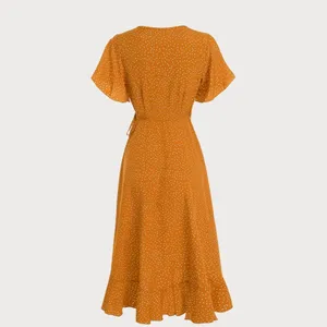 Rihoas Yellow Polka Dot Ruffle Wrap Dress thumbnail 3