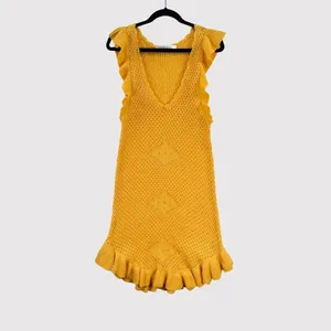 Free People FP Beach Mini Dress Gold Mykonos Fauxchet Sweater Cover Up Medium thumbnail 2