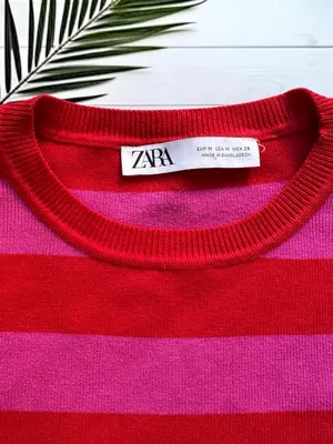 Zara Knit Cropped Sweater Pink Red Stripe Long Sleeve Top Medium thumbnail 7