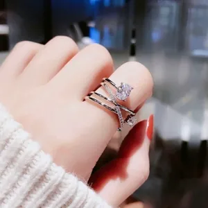 18K White Gold Plated Adjustable Crystal Open Ring for Women thumbnail 2
