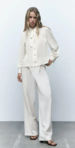 ZARA blouse shirt top satin effect jewel button neck bow thumbnail 4
