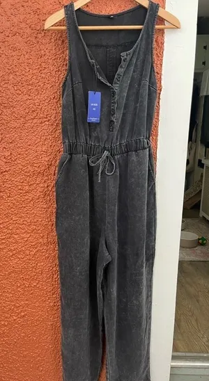 Women's Denim Scoop Neck Sleeveless Drawstring Waist Jumpsuits Overall XS thumbnail 1