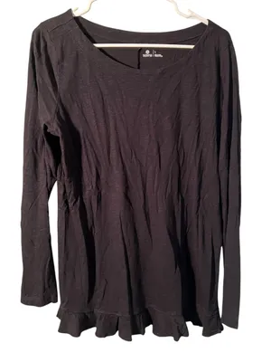 Susina Womens Size Large Long Sleeve T-Shirt Black Burnout Ruffle Hem Semi-Sheer thumbnail 1