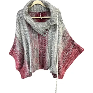 Free People Willow Poncho‎ Womens S Red Gray Knit Turtleneck Oversized Cozy Boho thumbnail 6