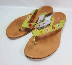 Marc Jacobs Flip Flop Sandals Women 6.5 Lime Green Tan Grommet Eyelet Flat Italy thumbnail 1