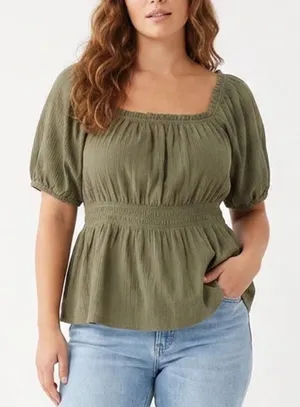 Old Navy Womens XL Olive Green Smocked Puff Sleeve Peplum Square Neck Blouse Top thumbnail 1
