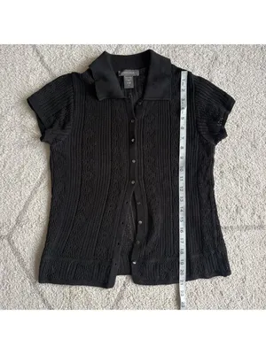 Banana Republic Y2K Black Pointelle Knit Polo Button Front Top thumbnail 3