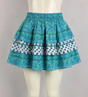 Roller Rabbit Teal Green Floral Block Print Tiered Cotton Mini Skirt Small thumbnail 1