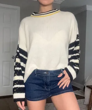 Top shop oversized puff striped sleeve mock neck cable knit sweater medium thumbnail 1