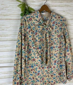 Vintage sears yellow floral pussybow neck tie office secretary blouse thumbnail 3