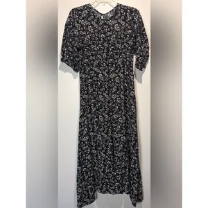 Free People Jessie Black Cream Ditzy Floral Smock Puff Sleeve Dress 90’s SZ 12 thumbnail 4