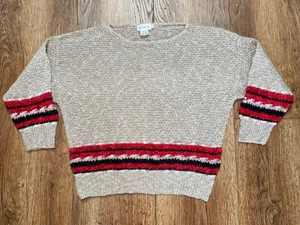Vintage Rafaella Linen Cotton Knit Sweater Cream Red Striped Boat Neck sz Large thumbnail 1