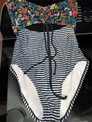 Time and Tru Black Striped One-Piece Swimsuit with Floral Bust thumbnail 1