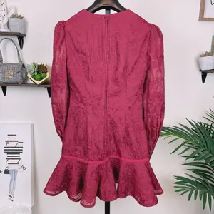 Keepsake the Label Wonderland Plum Red Lace Long Sleeve V Neck Ruffle Mini Dress thumbnail 4