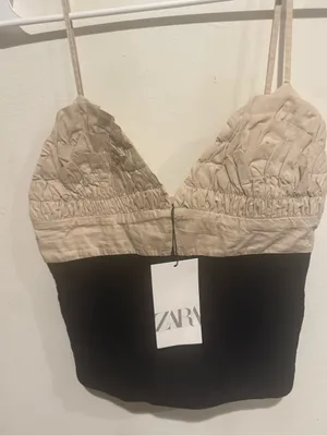 ZARA Two-Tone Ruched Bust Cami Dress - Beige & Black thumbnail 2