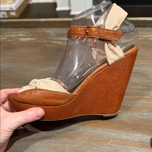 Cynthia Vincent Leather Wedge Sandals Size 9 Brown Knot Peep Toe Boho Chic thumbnail 5