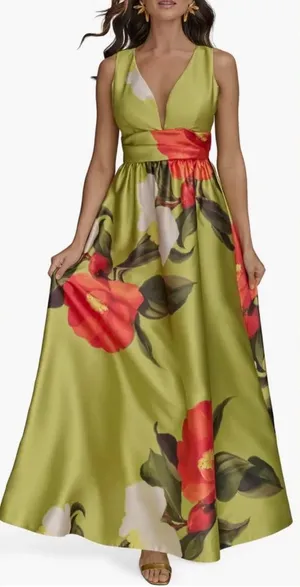 NEW DONNA KARAN NY Printed V-neck Floral Mikado smmr citro green Gown Sz 12 thumbnail 1