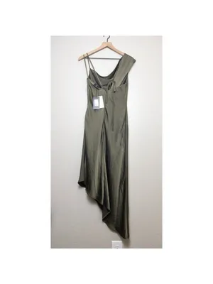 NWT ABS Allen Schwartz Everly Satin Drape Dress 2 Olive Green Slit One Shoulder thumbnail 9