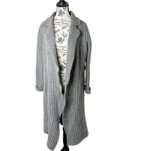 Women's Long Cardigan Sweater Gray Sz M Lambswool Ribbed Belted Open Front Cozy thumbnail 3
