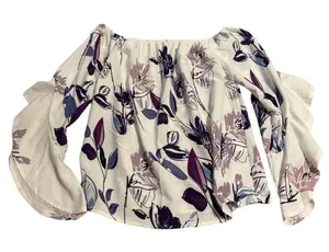 ✨🌸 Shein Off-Shoulder Floral Top‎ White Purple Medium 🌸✨ thumbnail 1