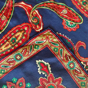 Vintage Gilded Crepe de Chine Blue Paisley Floral Silk Square Scarf Neckerchief thumbnail 5