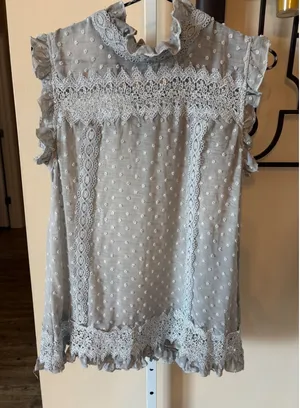 POL Grey Swiss Dot Lace Crochet Sleeveless Ruffle High Neck Boho Blouse Medium thumbnail 1