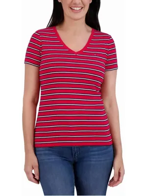 Women's Tommy Hilfiger Striped V-Neck Short Sleeve Tee Red White XL thumbnail 6