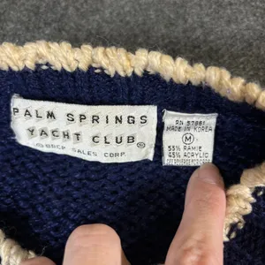 Palm Springs Yacht Club Vintage Navy Floral Knit Sweater Pom Pom Trim Medium thumbnail 3