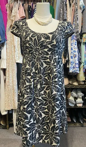 MICHAEL KORS Black & Tan Floral Linen Cap Sleeve Empire Waist Dress thumbnail 1