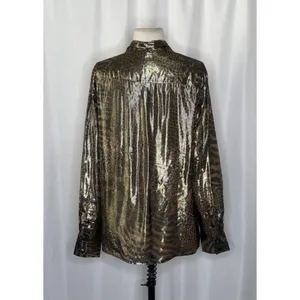 REISS Kendall Metallic Animal Print Tie Neck Blouse Gold Buttondown Size 8 thumbnail 8