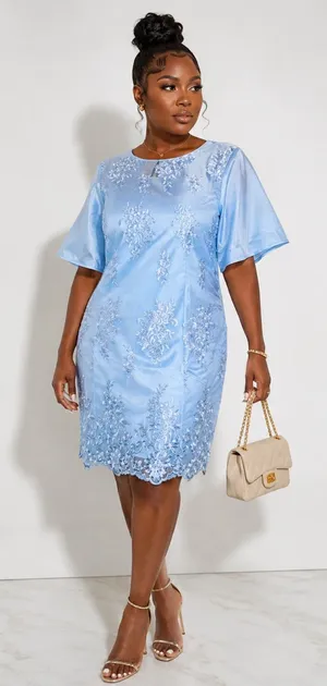 Baby Blue Floral Embroidered Midi Dress XL NWOT Elegant WeddingGuest Formal Chic thumbnail 1