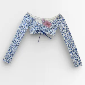 NWT Savage X Fenty Blue White Floral Velvet Off Shoulder Crop Top XS thumbnail 2
