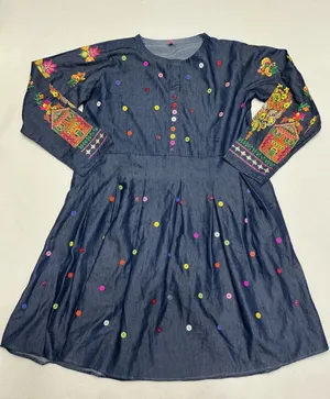 JK Collection Womens Chambray Dress Embroidered Floral Button Boho Folk Art XL thumbnail 1