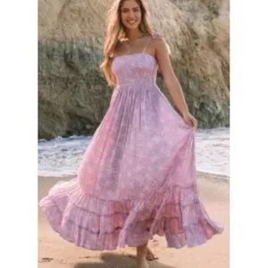Olia Bradlea Smocked Tassel Tie Shoulders Maxi Dress Women size Medium thumbnail 8