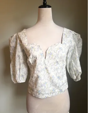 VICI Floral Puff Sleeve Smocked boho cottage core Y2K blue green Crop Top Large thumbnail 1