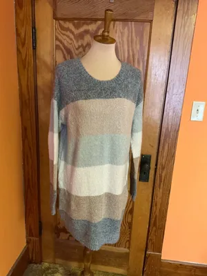 Entro Colorblock Sweater Dress Medium Soft Knit Cozy Neutral Striped Long Sleeve thumbnail 9