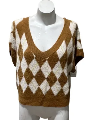 Free People Sweater Vest Womens Petite S Brown Ivory Argyle V-Neck Fuzzy thumbnail 1