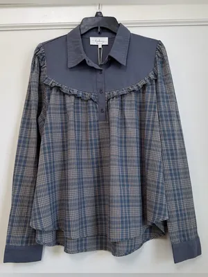 in february Moonlight Blue Plaid Mixed Media Ruffle Yoke Cotton Top Size M NWT thumbnail 3