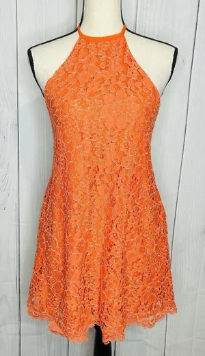 NBD Revolve Lace Overlay Floral Halter Dress Sz S Orange Mini A-Line Ribbon Tie thumbnail 1