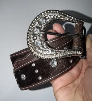 Women's Size M 38" Western Rhinestone Belt Brown Faux Horse Hair Silver Buckle‎ thumbnail 1