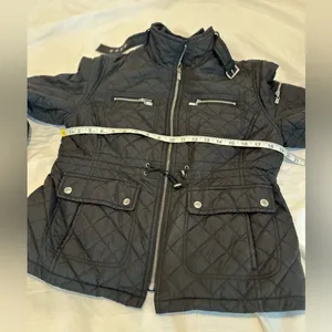 Michael Kors Petite Large Black Quilted Moto Jacket. Double Zip. Cinched Waist thumbnail 3