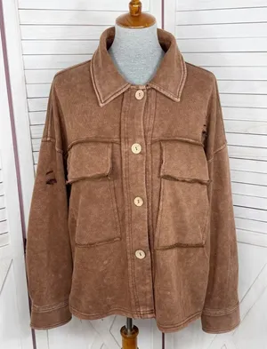 Oddy‎ Shacket Jacket Women Medium Large Brown Distressed Jersey Knit Cropped thumbnail 1