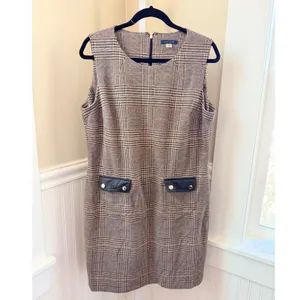 Tommy Hilfiger Glen Plaid Faux Leather Trim Sheath Dress Brown Orange Size 14 thumbnail 2