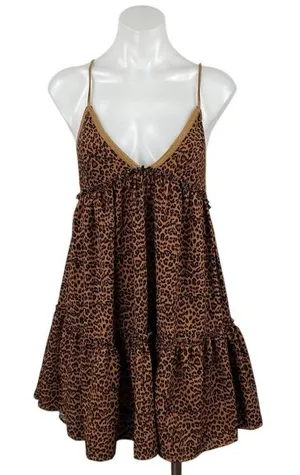 Vestique Brown Leopard Animal Print Sleeveless Tiered Swing A Line Mini Dress S thumbnail 1