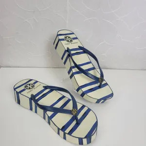 Tory Burch Womens Sandals Size 6.5 White and Blue Stripe Slip On Heels thumbnail 8