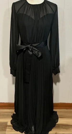 Chiffon Black Long-Sleeve Pleated Maxi Dress with Satin Waist Tie thumbnail 1