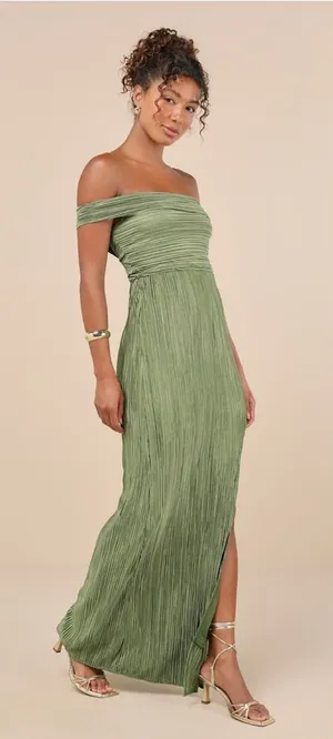 Lulu's Poised Performance Olive Green Plisse One-Shoulder Maxi Dress thumbnail 1