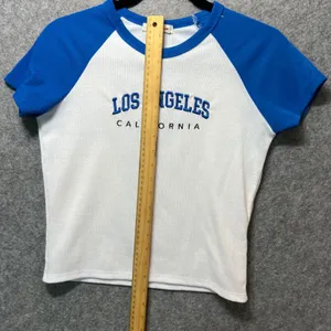 Orange Kiss Los Angeles California Ribbed Baby Tee Size‎ L Blue White Y2K Retro thumbnail 5