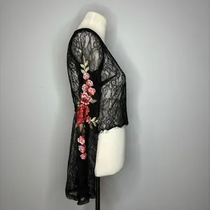 Forever 21- Black V-Neck Mesh Long Sleeve Top w/Floral Details thumbnail 2