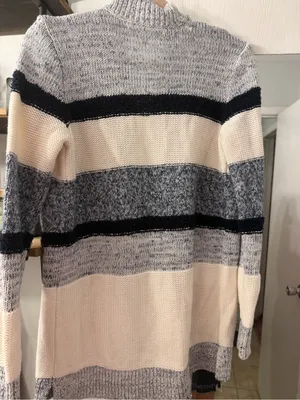 LOFT Open-Front Striped Cardigan in Cream, Navy, and Light Blue thumbnail 4